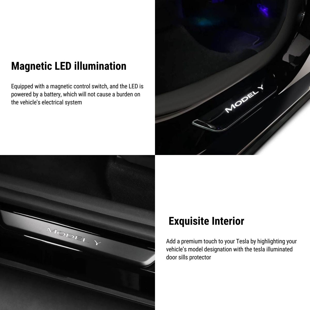 Led Illuminated Black Door Sills Protector Front & Rear For Model Y / 3